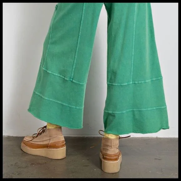 EASEL "Perfect Cargo" Terry Knit Mineral Washed Flared Leg Pants Raw Seams, Hems - Picture 5 of 15